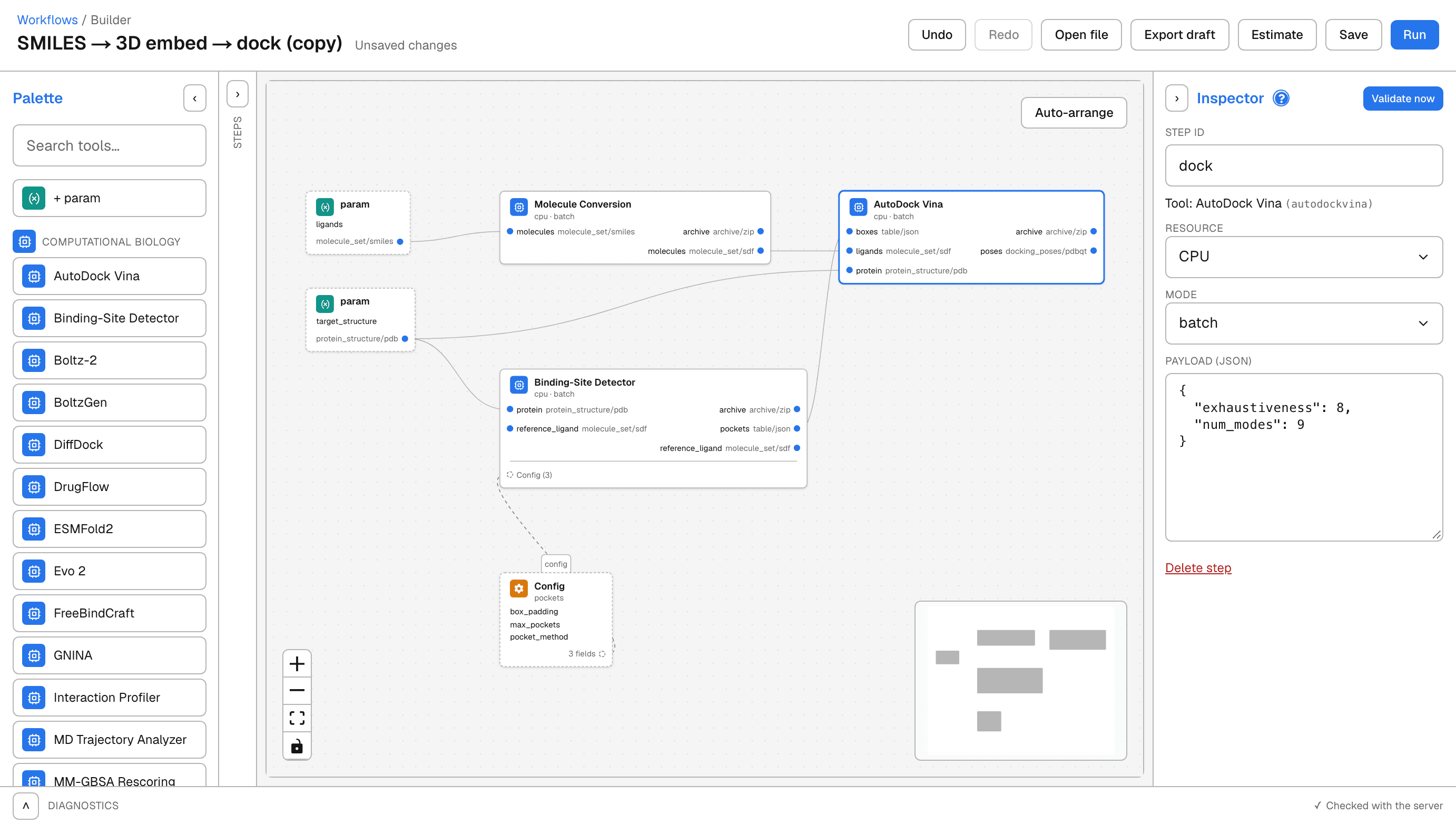 The workflow builder: a palette of tools on the left; in the middle, the steps Molecule Conversion, Binding-Site Detector, and AutoDock Vina connected to the ligand and target inputs; on the right, the AutoDock Vina step's resource, mode, and payload settings.